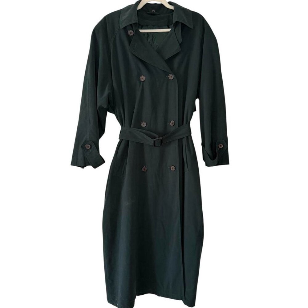 Neiman Marcus Trench Coat Womens 8 Green Excellent Belted Double Breasted Long - Picture 3 of 8